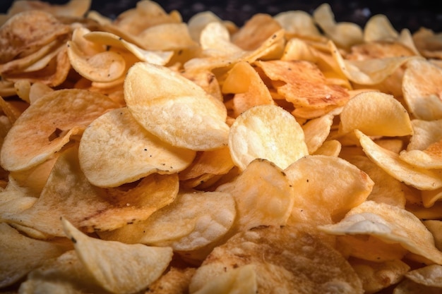 Closeup of pile of crunchy and salty chips