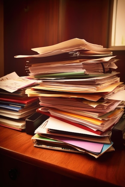 Closeup of a pile of documents and folders on a desk created with generative ai