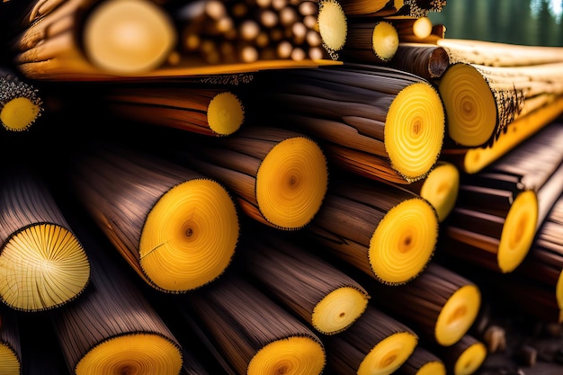 Closeup of pile of pine logs folded wood texture background