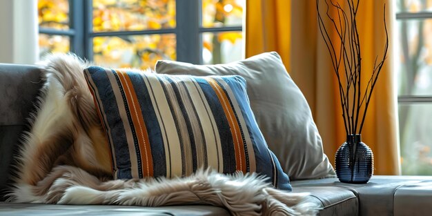 Photo closeup of a pillow on a cozy sofa in a home concept home decor cozy atmosphere interior design soft furnishings furniture