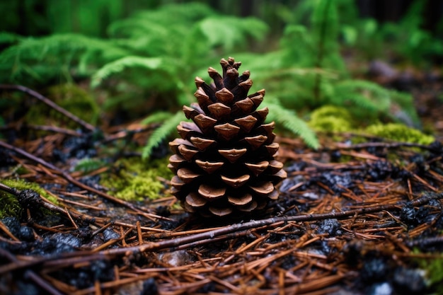 Closeup of a pine cone on forest floor created with generative ai