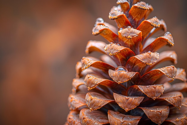 Photo closeup of a pine cone with dew drops glimmering in natural light