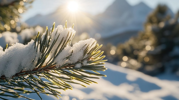 Closeup of pine tree branch with fresh snow and sunshine in winter with mountain peak background