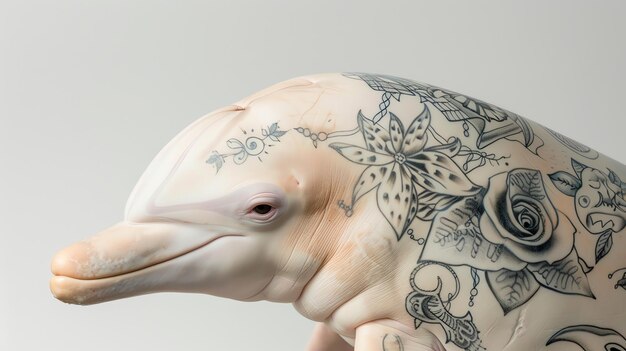 A closeup of a pink dolphin with black and white tattoos