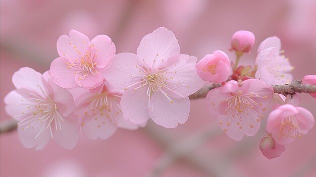 Closeup of Pink Flowers on Branch With Raindrops