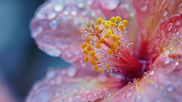 Photo closeup of a pink hibiscus flower covered in dew drops