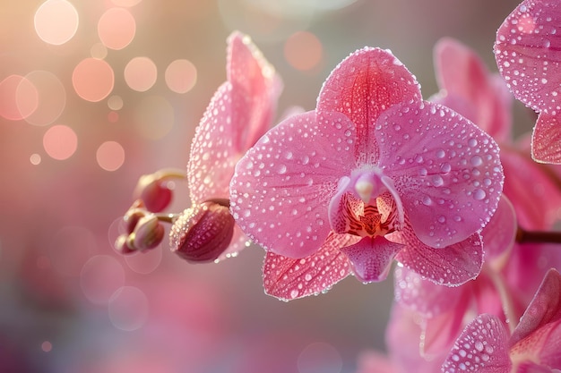 Closeup of Pink Orchid Flowers with Water Droplets on Petals Against a Soft Bokeh Background