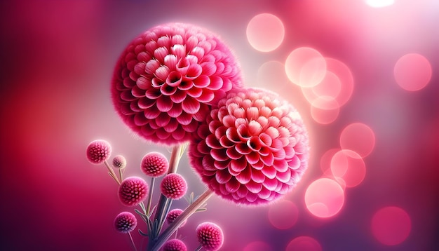 Closeup of pink pompom like flowers with a soft bokeh background in shades of pink