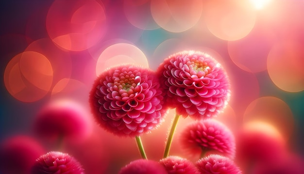 Closeup of pink pompom like flowers with a soft bokeh background in shades of pink