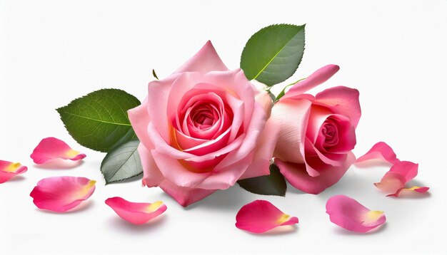 closeup pink roses with petals isolated on a white background with copy space