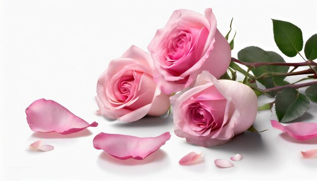 closeup pink roses with petals isolated on a white background with copy space