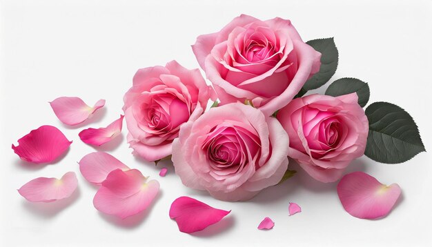 closeup pink roses with petals isolated on a white background with copy space