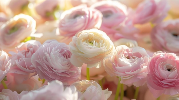 A closeup of pink and white ranunculus blooms bathed in soft sunlight The delicate petals and subtle color variations create a beautiful and romantic scene