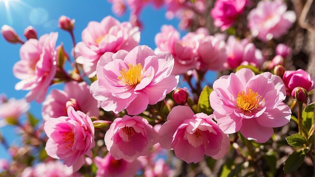 A closeup of pink and yellow flowers in a garden with a blue sky in the background