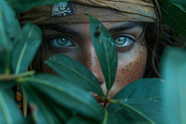 Closeup of a pirate woman with a bandana peeking through leaves captured with a sony ar iv focusin