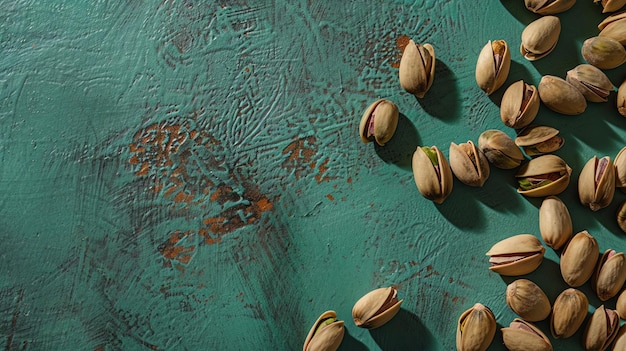 Closeup of pistachios in shells on a rustic turquoise table