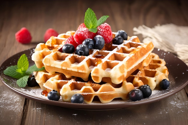 Closeup plate of belgian waffles with fresh raspberry and blueberry Generated AI