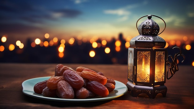 Closeup of a plate of Dates and a decorative Arabic lantern against the background of the dark dawn sky and the city copy space Holy Ramadan Culture Religion Islam Iftar Muslim Holiday