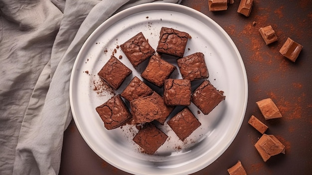 Closeup of a plate of fresh homemade brownies