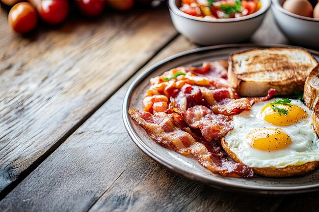 Photo closeup of a plate of fried eggs bacon and toast on a rustic wooden table with other breakfast ingredients in the background