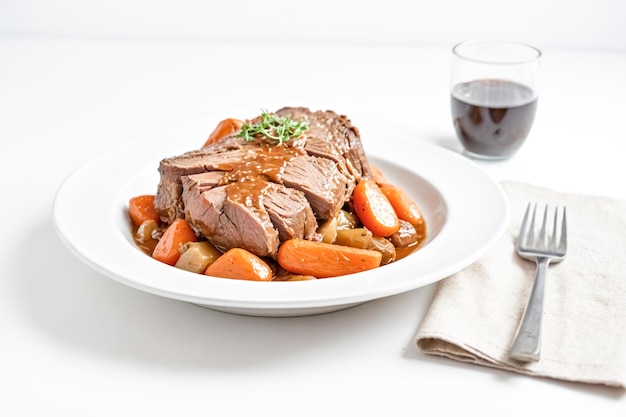 Closeup of a Plate of Roast Beef with Carrots and Potatoes