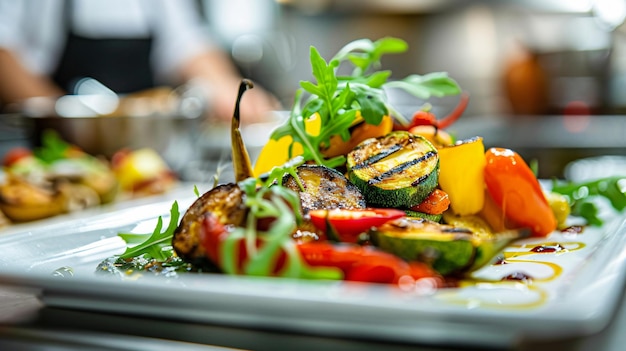 Closeup of a plate with beautifully assorted grilled vegetables decorated with greens