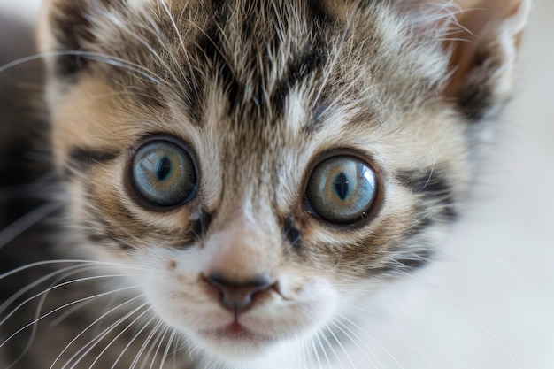 A closeup of a playful kitten with bright eyes and a curious expression