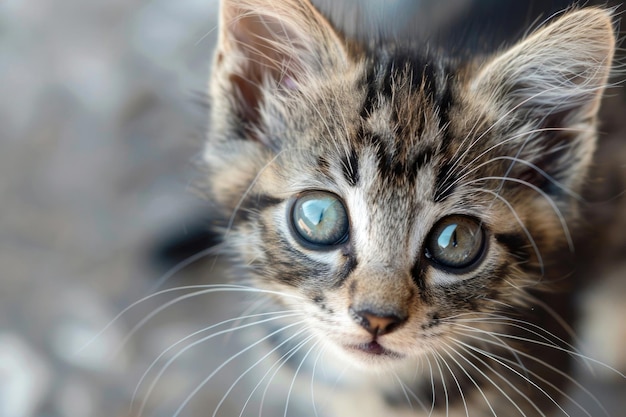 A closeup of a playful kitten with bright eyes and a curious expression