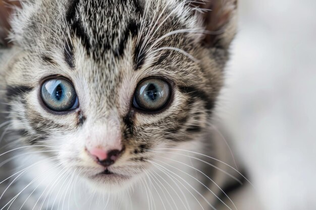 A closeup of a playful kitten with bright eyes and a curious expression