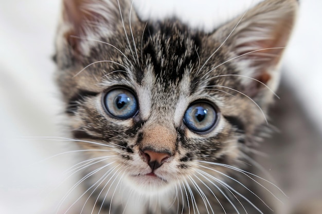 A closeup of a playful kitten with bright eyes and a curious expression