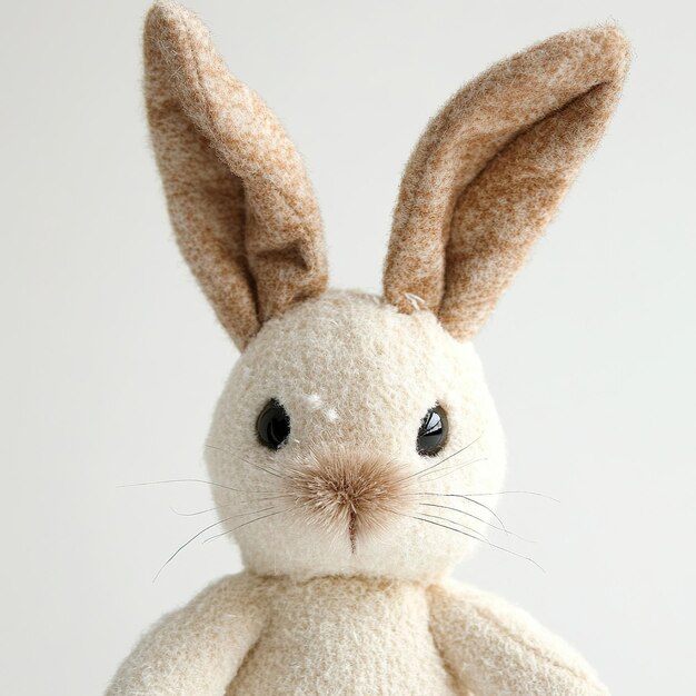 Photo closeup of a plush white rabbit with brown ears