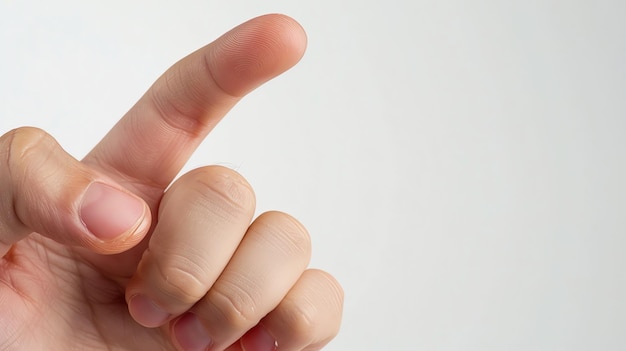 A closeup of a pointing finger against a white background