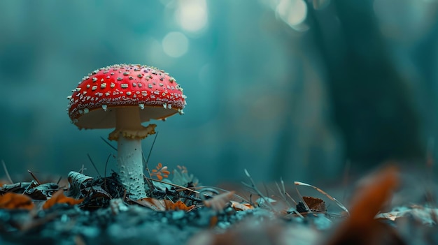 Closeup of Poisonous Mushroom Growing in Forest Spac