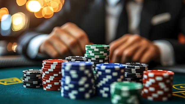 Closeup of Poker Chips on a Green Felt Table