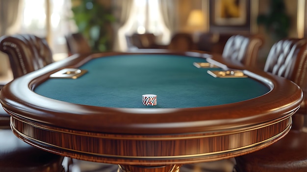 Photo closeup of a poker table with a single chip in the center