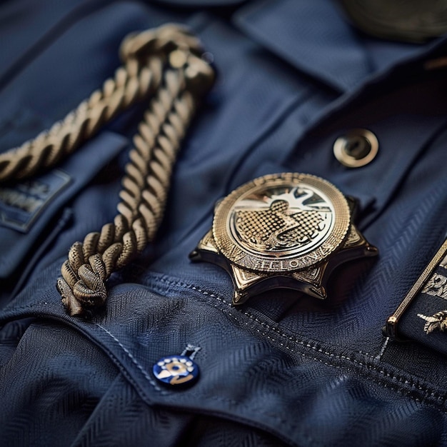 A closeup of a police officers badge and equipment