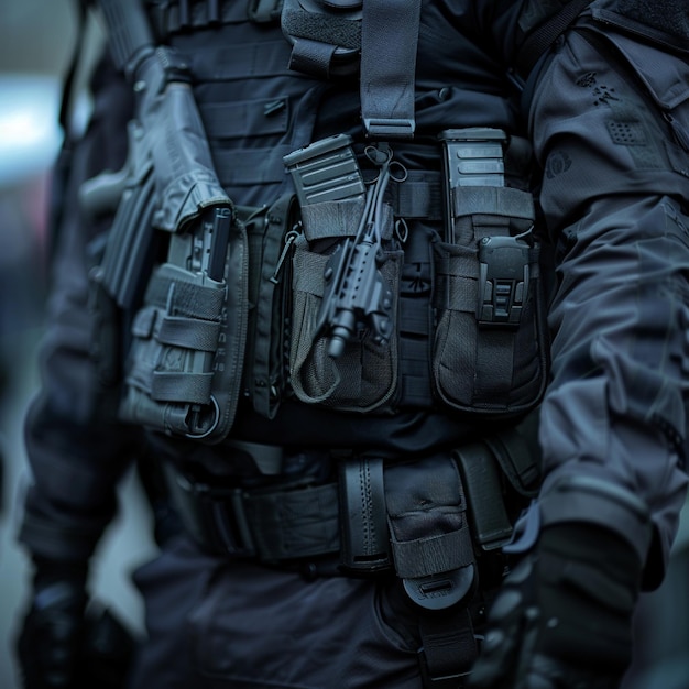 A closeup of a police officers tactical gear and weaponry