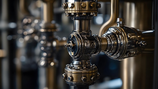 Closeup of a Polished Metal Valve with Multiple Nuts and Bolts