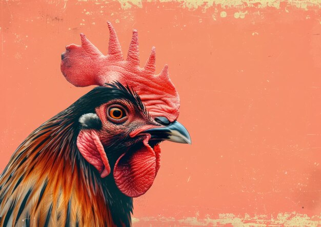 Photo closeup polygonal illustration of a roosters head with a bright red comb and wattle