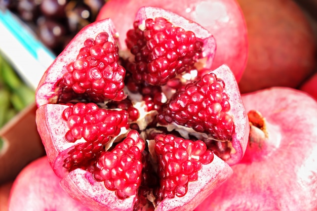 Closeup pomegranate at market stall in southern Spain