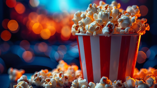 Closeup of popcorn bucket with blurred cinema screen background a movie time treat