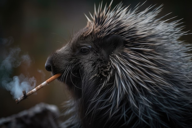 Closeup of porcupine smoking ganja from its hidden perch created with generative ai