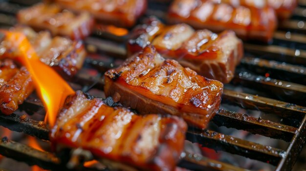 A closeup of pork belly slices on a barbecue grill the flames licking the meat and creating a mouthwatering caramelized crust