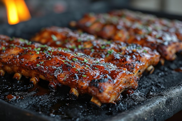 Photo closeup of pork ribs grilled with bbq sauce and caramelized in honey tasty snack to beer