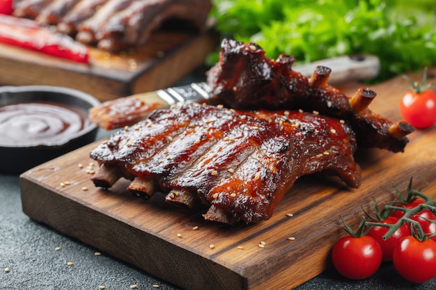 Closeup of pork ribs grilled with BBQ sauce