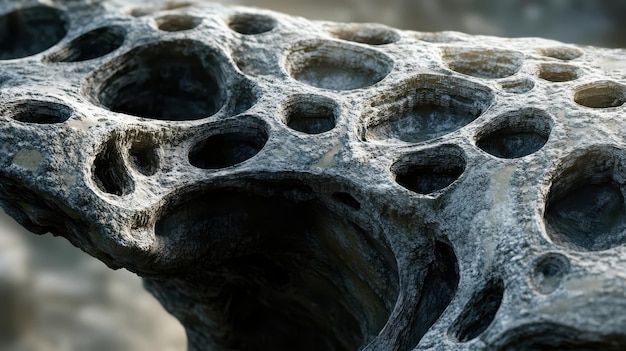 Photo closeup of porous rock texture with multiple holes showcasing intricate natural patterns formed by e