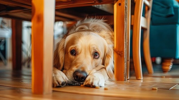 Closeup portarit of scared cute dog hiding under chair at home