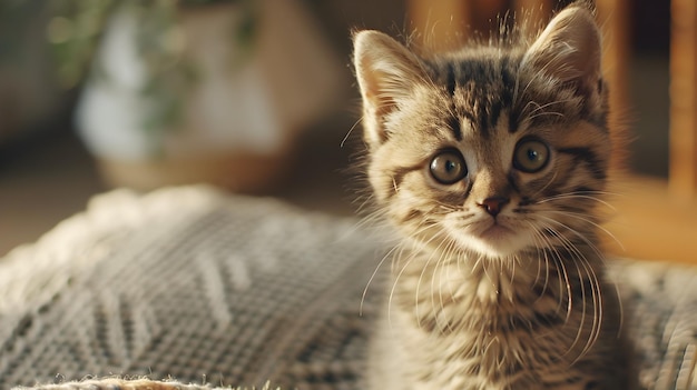 Closeup Portrait of Adorable Kitten in WarmCozy Home Setting