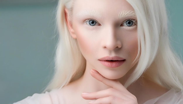 Photo closeup portrait of an albino woman with long blonde hair and blue eyes