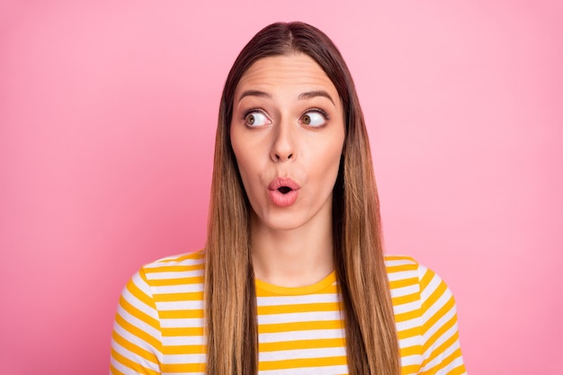 Closeup portrait of amazed stunned worried girl looking aside